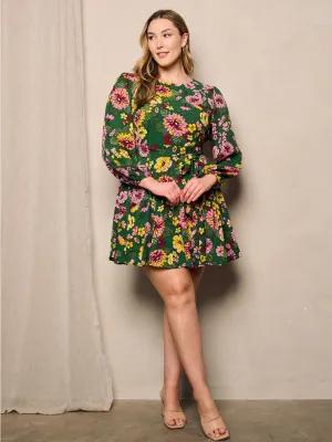 PLUS SIZE LONG SLEEVE FIT & FLARE FLORAL MINI DRESS