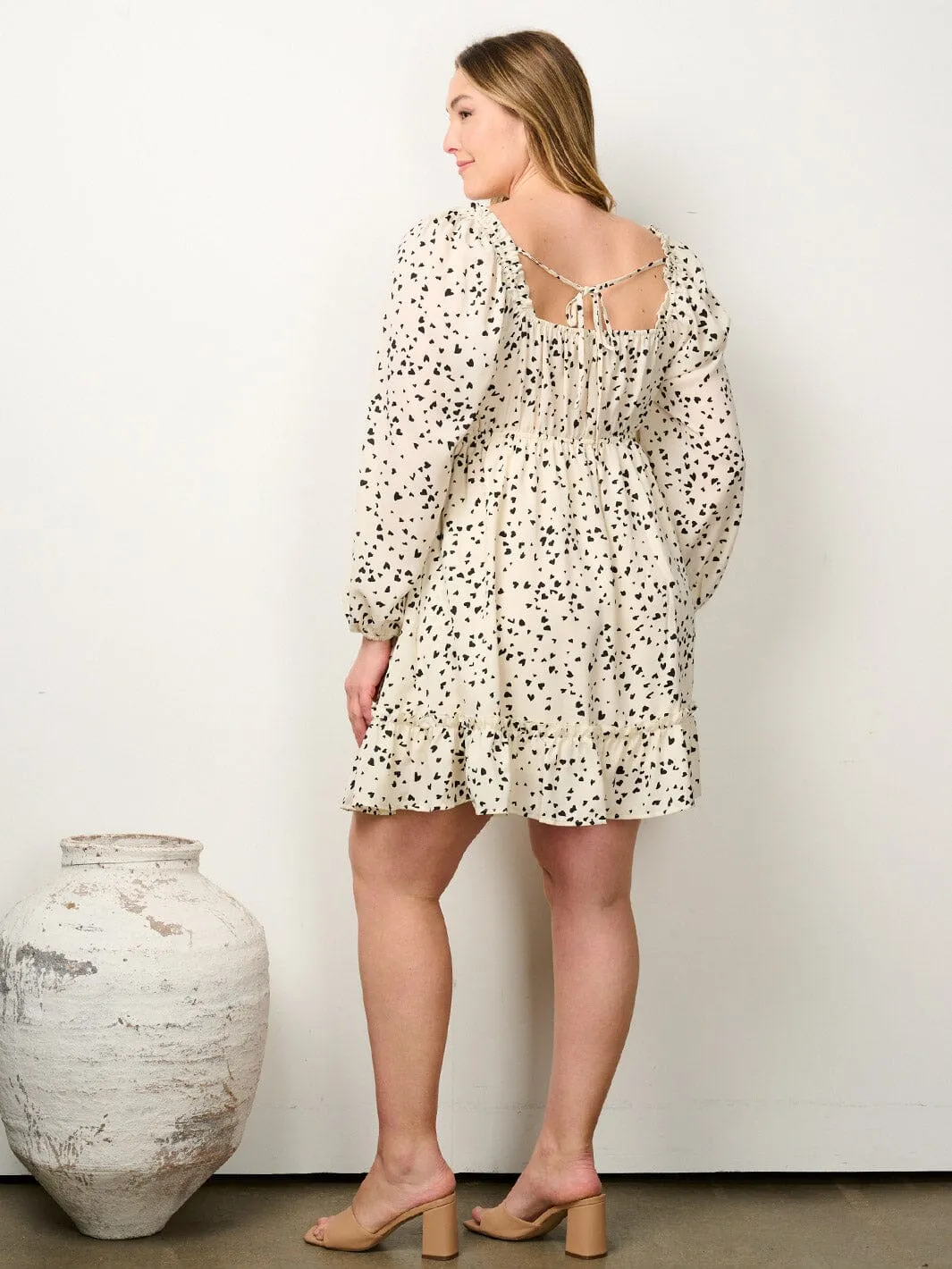 PLUS SIZE LONG SLEEVE SMOCK  PRINTED FIT & FLARE MINI DRESS