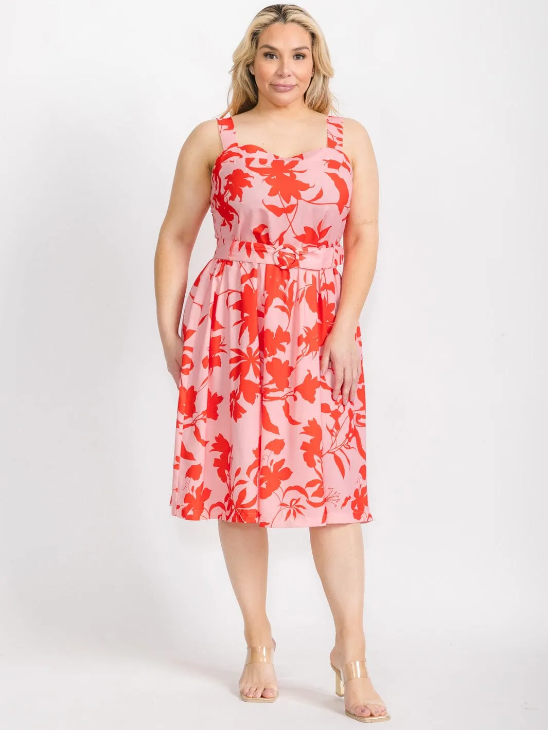 PLUS SIZE SLEEVELESS SMOCK FLORAL MIDI DRESS