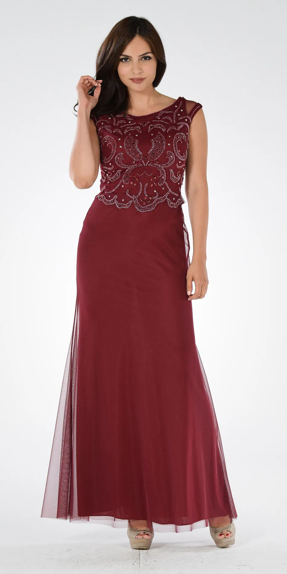 Poly USA 7522 Long Beaded Bodice A-Line Dress Long