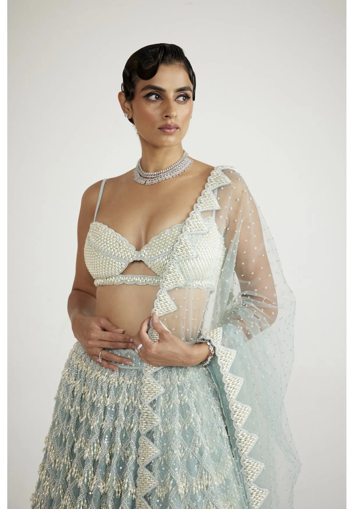 Powder Blue Chandelier Pearl Drop Lehenga Set
