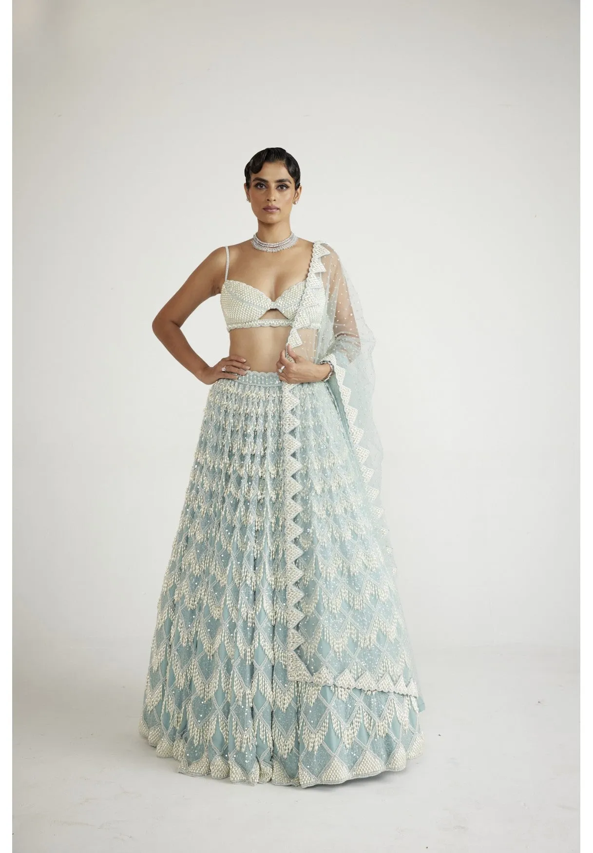 Powder Blue Chandelier Pearl Drop Lehenga Set