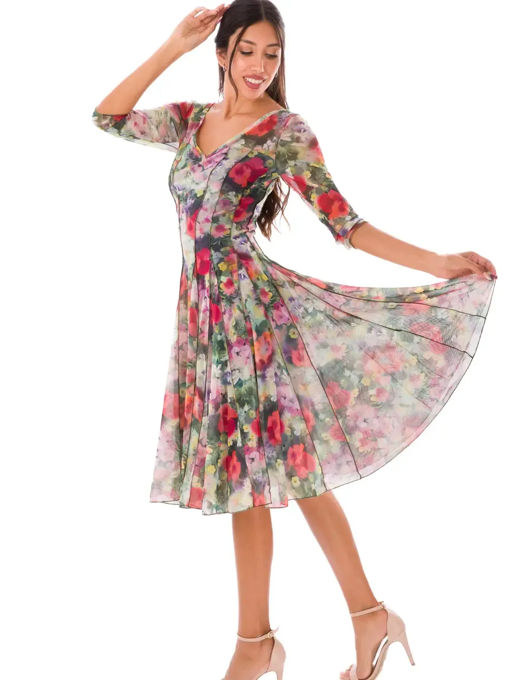 PRIMAVERA Fit and Flare 3/4 Sleeves Paneled Floral Print Dress