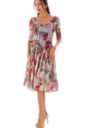 PRIMAVERA Fit and Flare 3/4 Sleeves Paneled Floral Print Dress