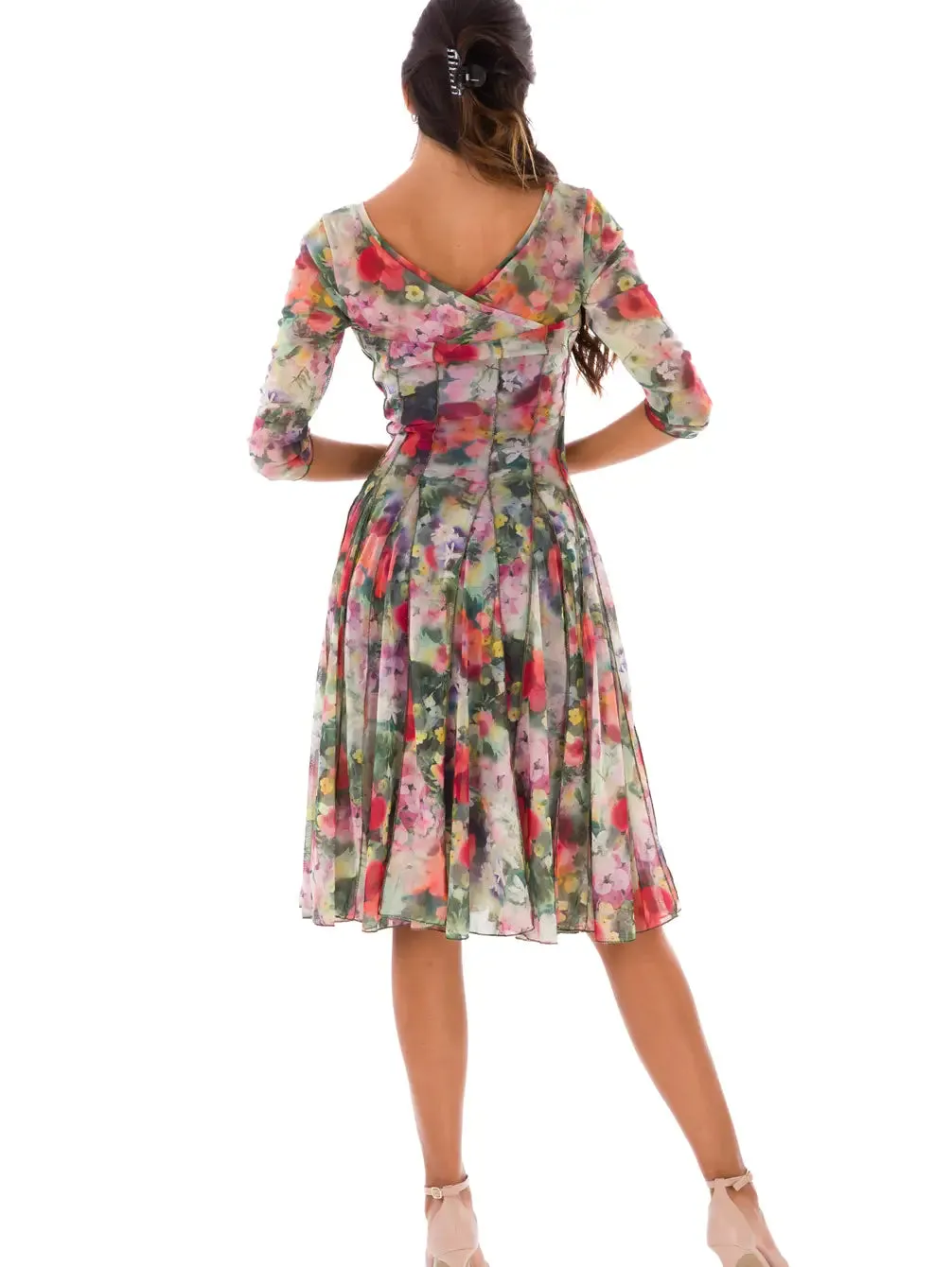 PRIMAVERA Fit and Flare 3/4 Sleeves Paneled Floral Print Dress