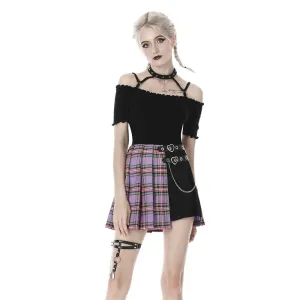 Punk purple checked splicing black pleated short skirt KW175