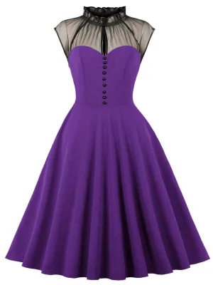 Purple Stand Ruffles Collar Semi-Sheer Sleeveless 1950S Vintage Dress