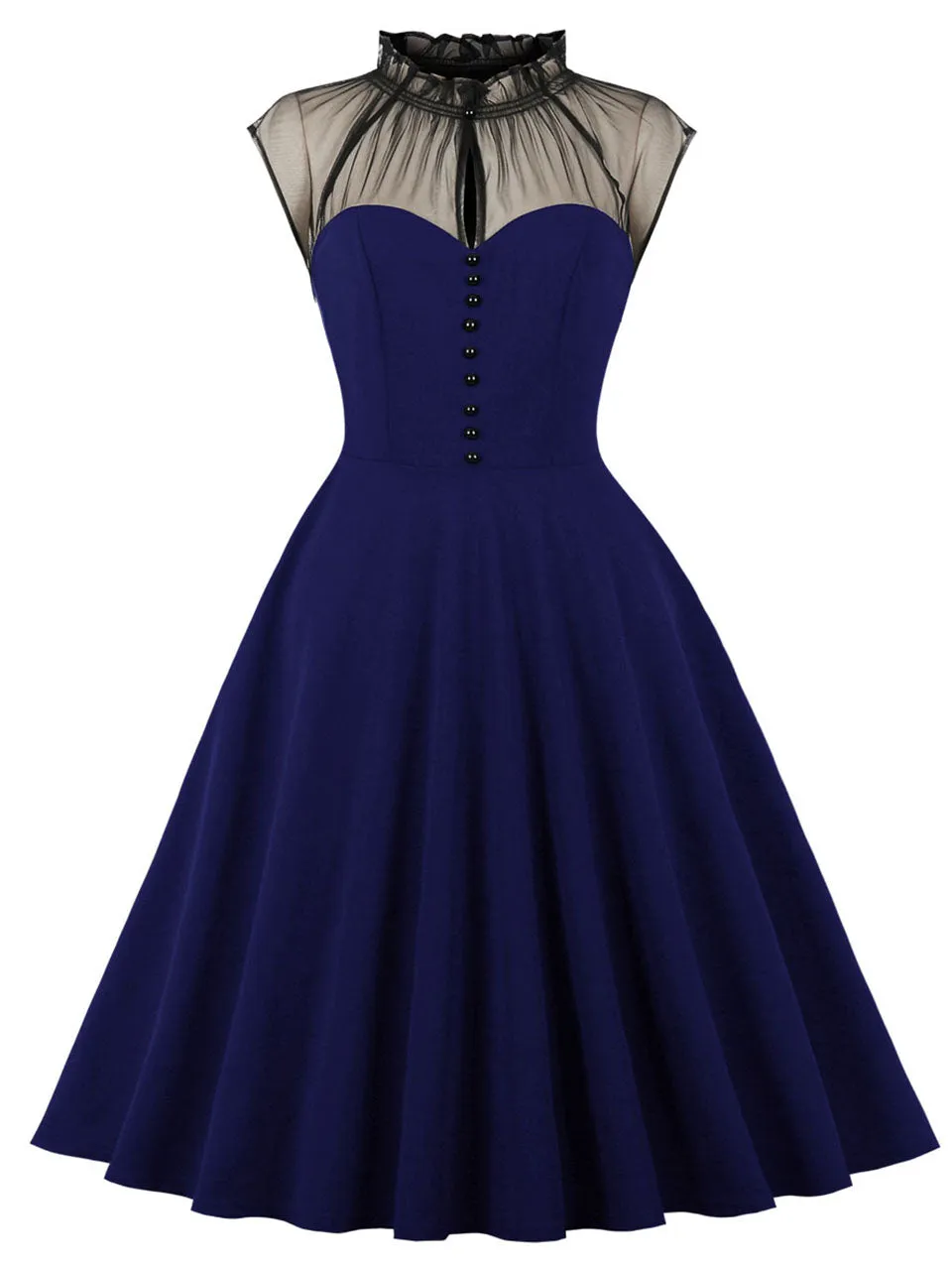 Purple Stand Ruffles Collar Semi-Sheer Sleeveless 1950S Vintage Dress