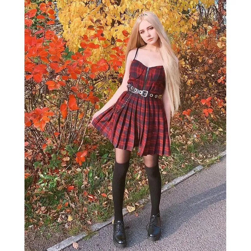 "RED BLACK PLAID PLEATED STRAP" DRESS D060503
