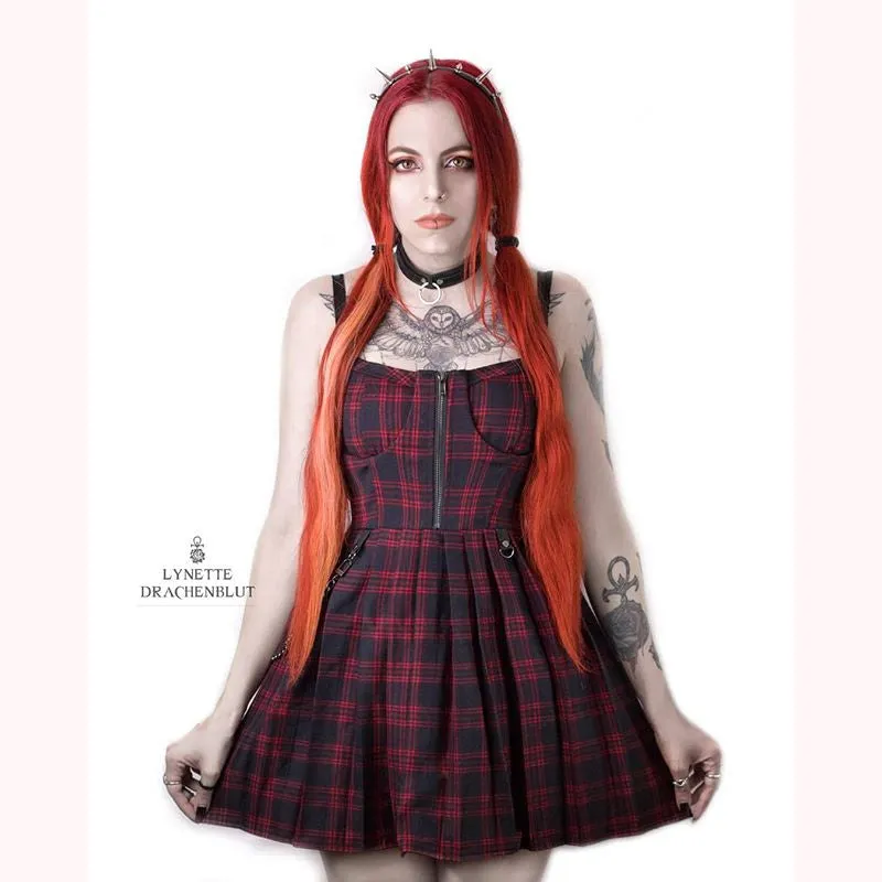"RED BLACK PLAID PLEATED STRAP" DRESS D060503