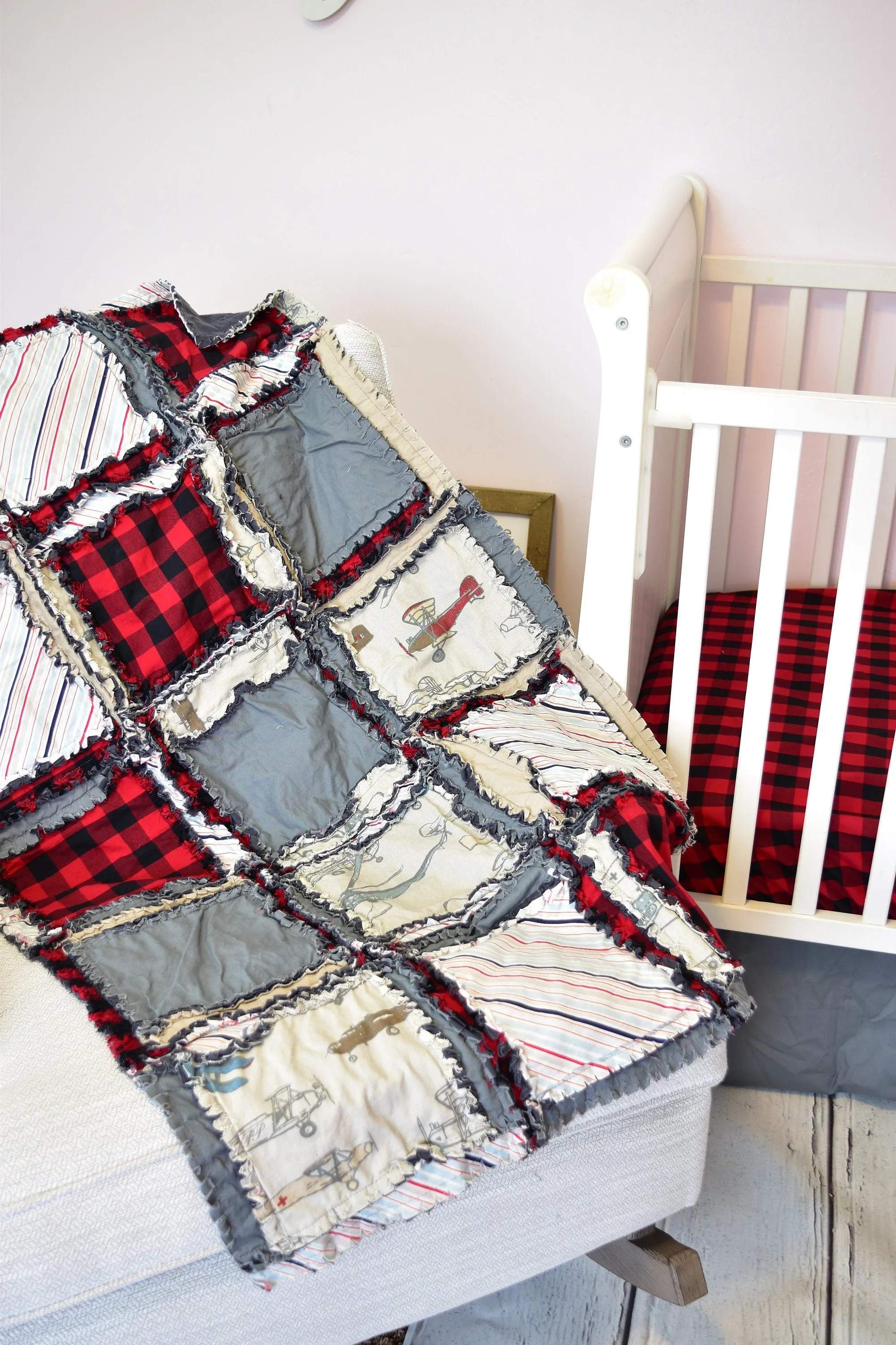 Red and Gray Airplane Baby Boy Rag Quilt and Crib Bedding Set, Baby Boy Crib Sets, Also Twin Quilt and Toddler Bedding for Boys