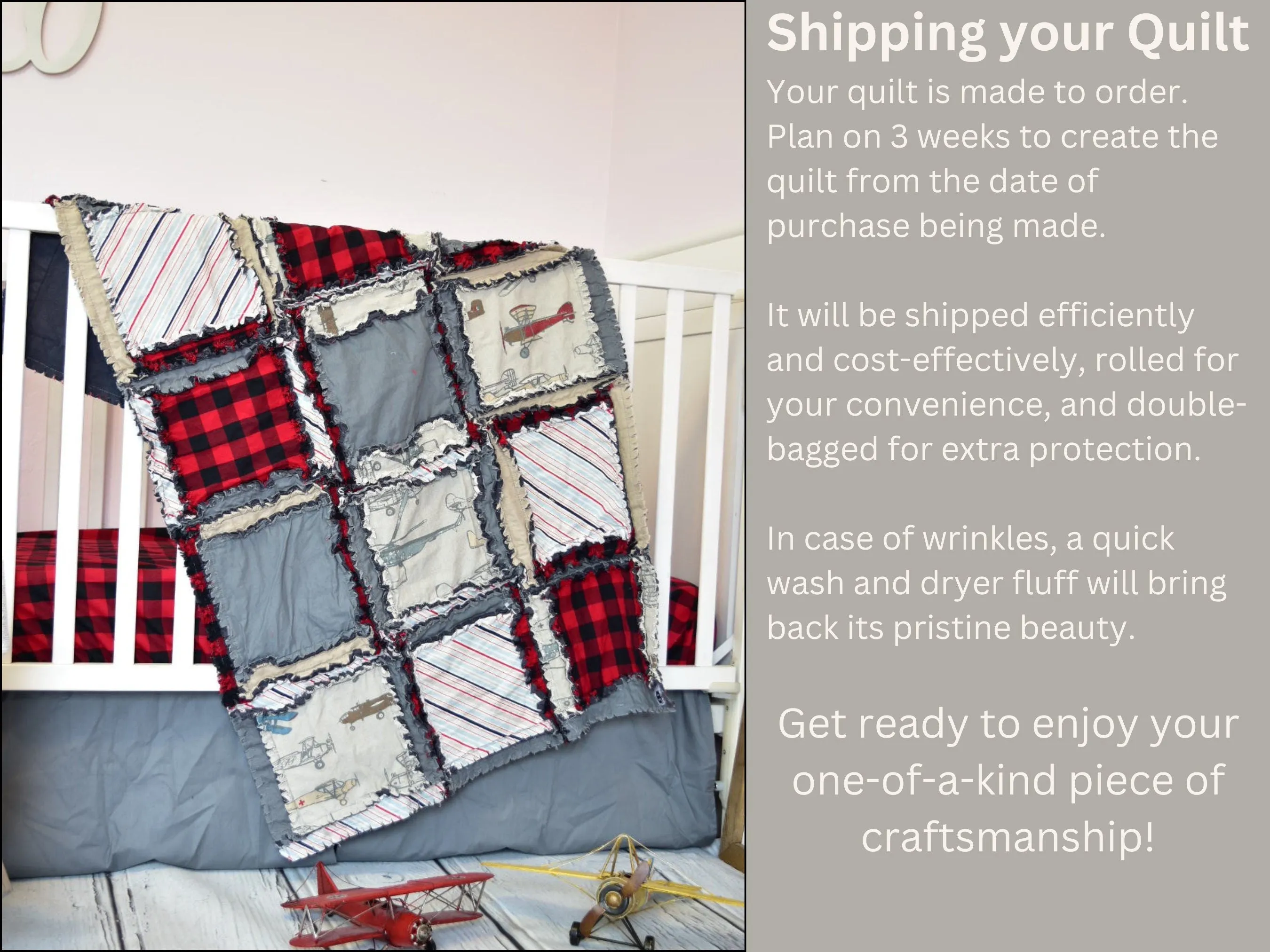 Red and Gray Airplane Baby Boy Rag Quilt and Crib Bedding Set, Baby Boy Crib Sets, Also Twin Quilt and Toddler Bedding for Boys
