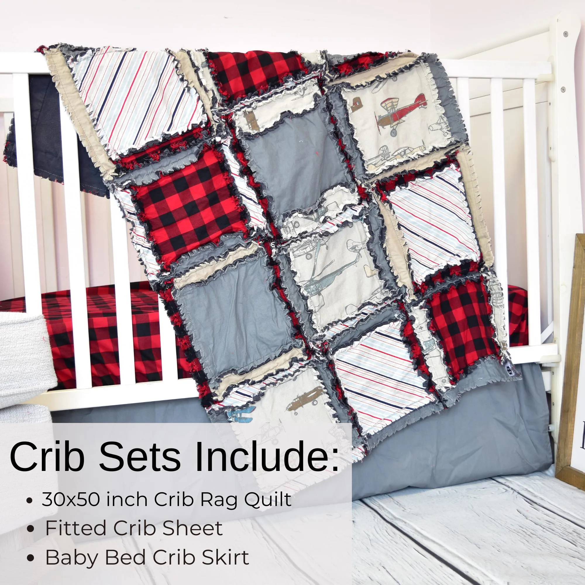 Red and Gray Airplane Baby Boy Rag Quilt and Crib Bedding Set, Baby Boy Crib Sets, Also Twin Quilt and Toddler Bedding for Boys