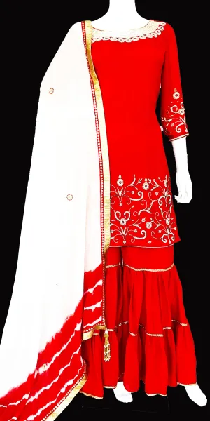 Red and White Garara Suit with pearl Zardosi Hand embroidery Pure Georgette Sharara