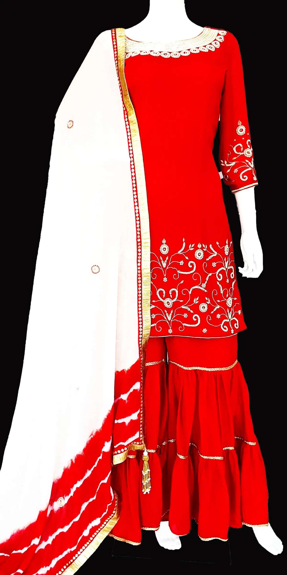 Red and White Garara Suit with pearl Zardosi Hand embroidery Pure Georgette Sharara