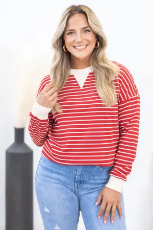 Red Crewneck Stripe Pullover Knit Top