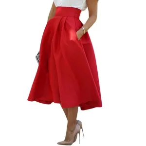 Red Retro High Waist Pleated Skirt