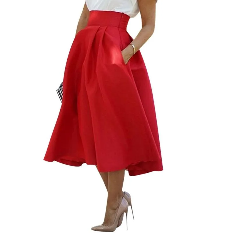 Red Retro High Waist Pleated Skirt