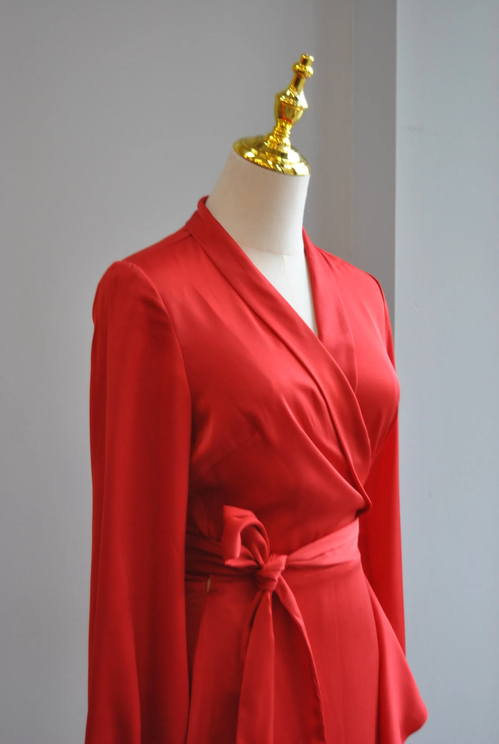 RED SILKY HIGH AND LOW WRAP DRESS