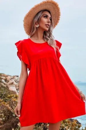 Red Solid Ruffle Cuff Smock Dress