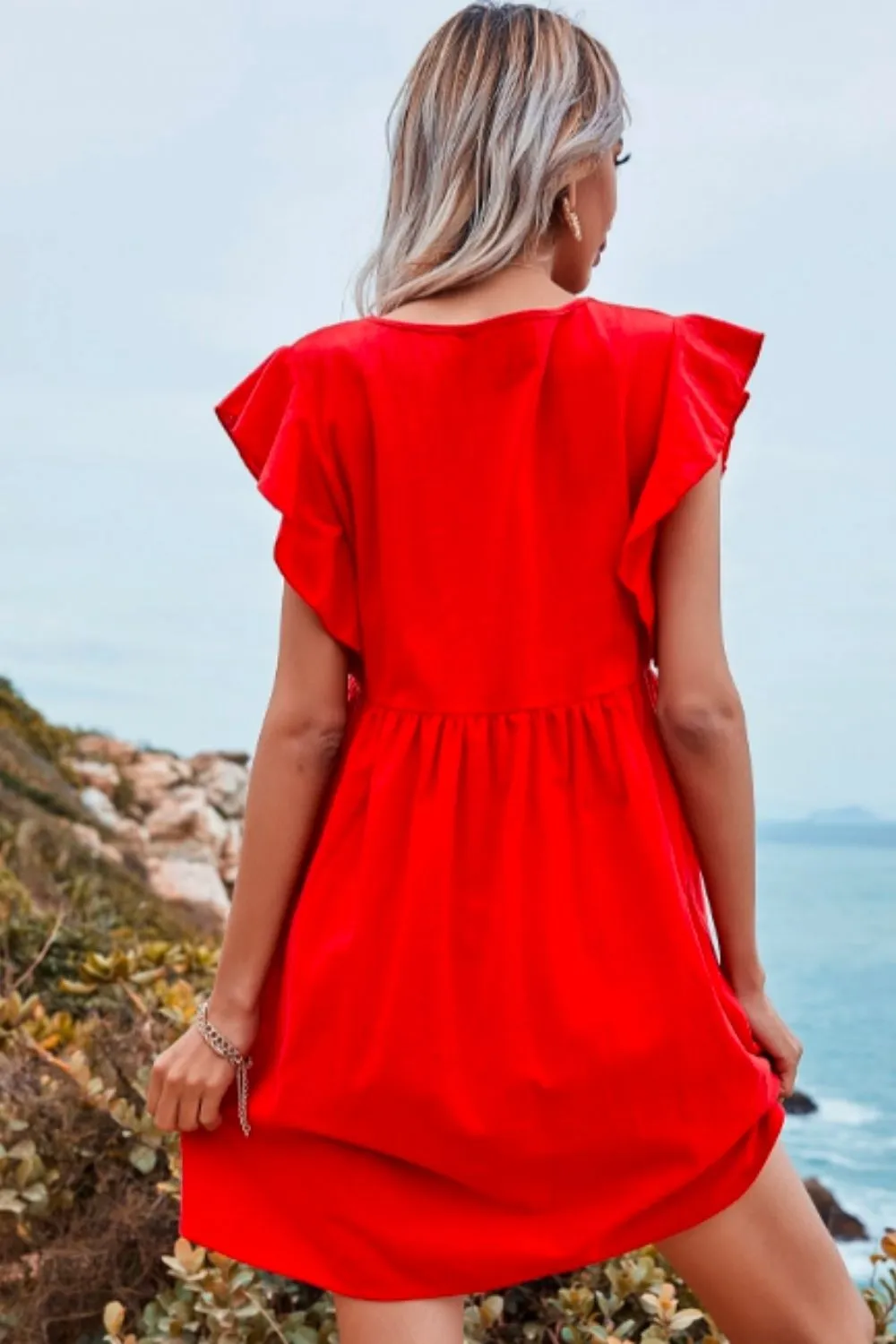 Red Solid Ruffle Cuff Smock Dress