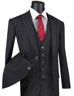 Regular Fit 3 Piece Suit 2 Button Gangster Stripe (Black) V2RS-9