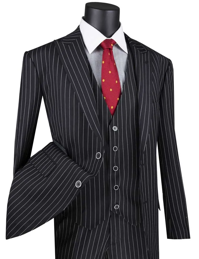 Regular Fit 3 Piece Suit 2 Button Gangster Stripe (Black) V2RS-9
