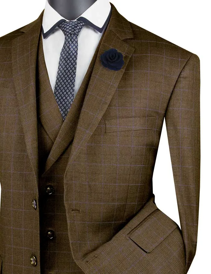 Regular Fit Glen Plaid 2 Button 3 Piece Suit (Taupe) V2RW-13