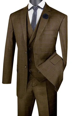 Regular Fit Glen Plaid 2 Button 3 Piece Suit (Taupe) V2RW-13