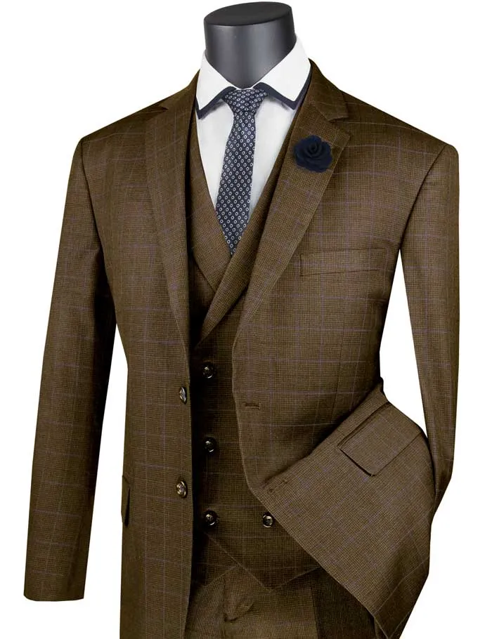 Regular Fit Glen Plaid 2 Button 3 Piece Suit (Taupe) V2RW-13
