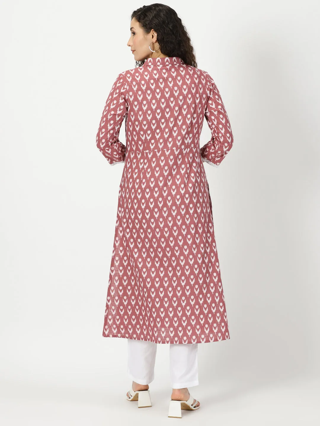 Rosewood Pink Ikat Print Shirt Collar Kurta