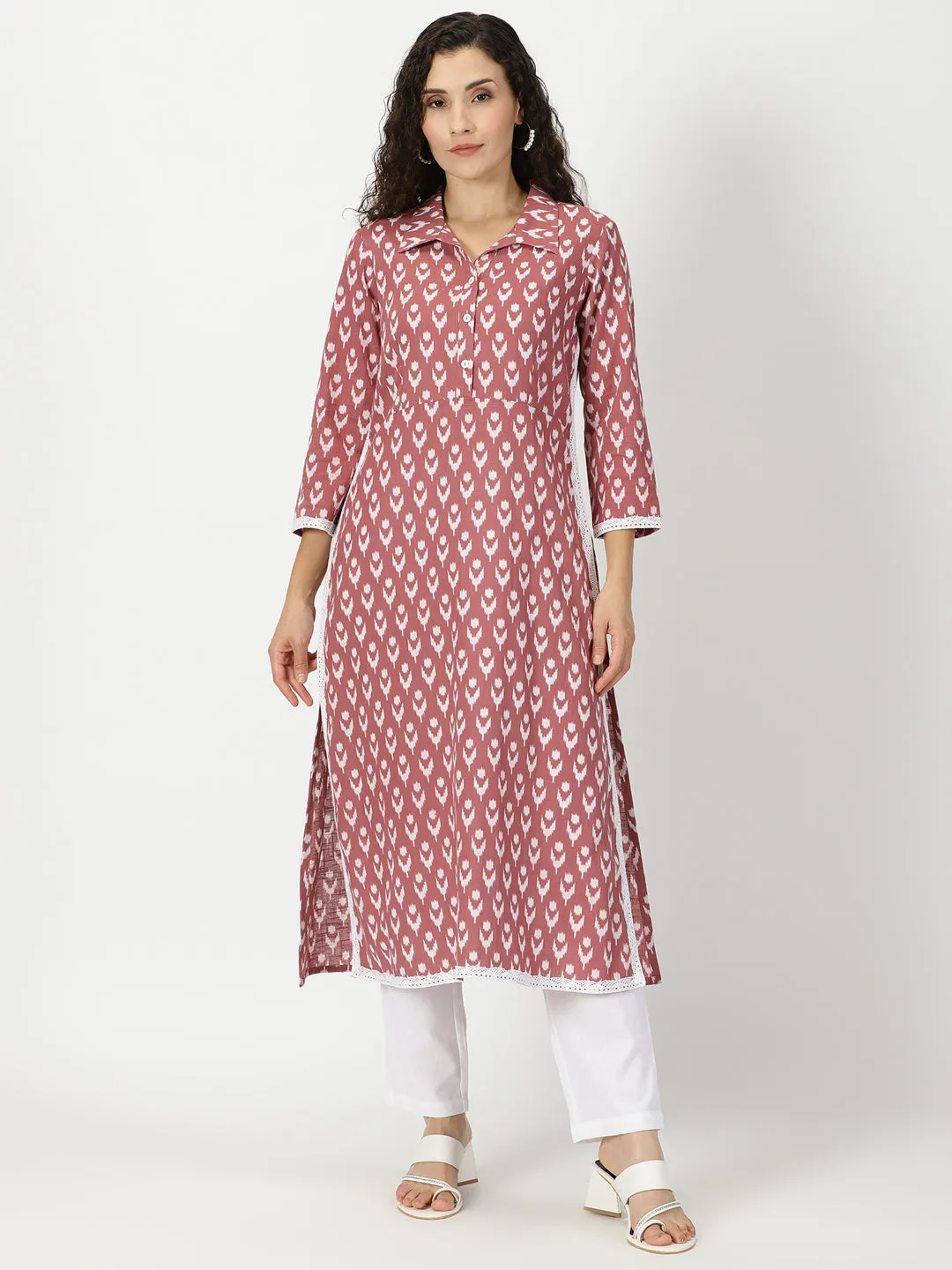 Rosewood Pink Ikat Print Shirt Collar Kurta