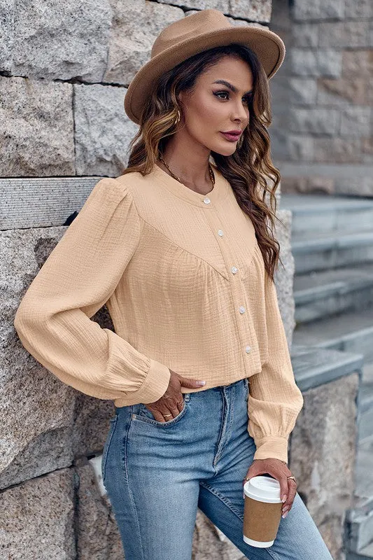 Round Neck Button Front Blouse