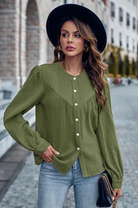 Round Neck Button Front Blouse