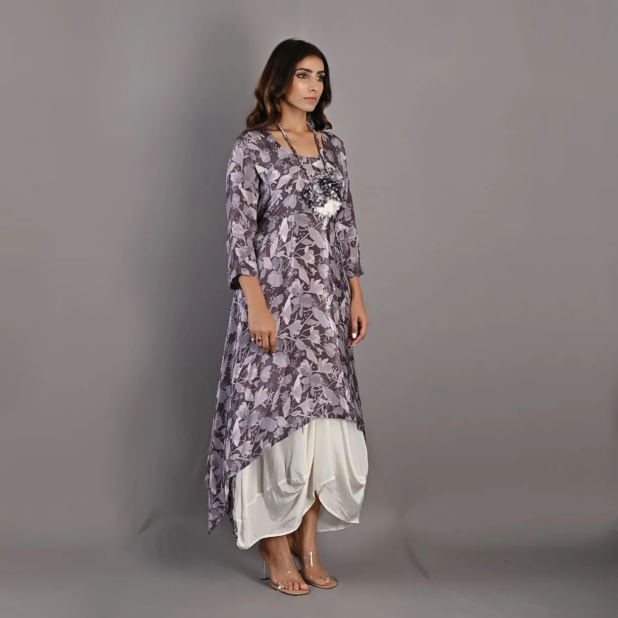 Rue- Mauve Floral Printed Cowl Dress with Neckless