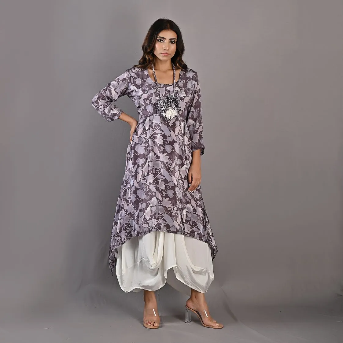 Rue- Mauve Floral Printed Cowl Dress with Neckless