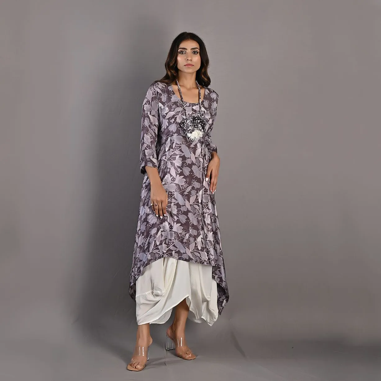 Rue- Mauve Floral Printed Cowl Dress with Neckless