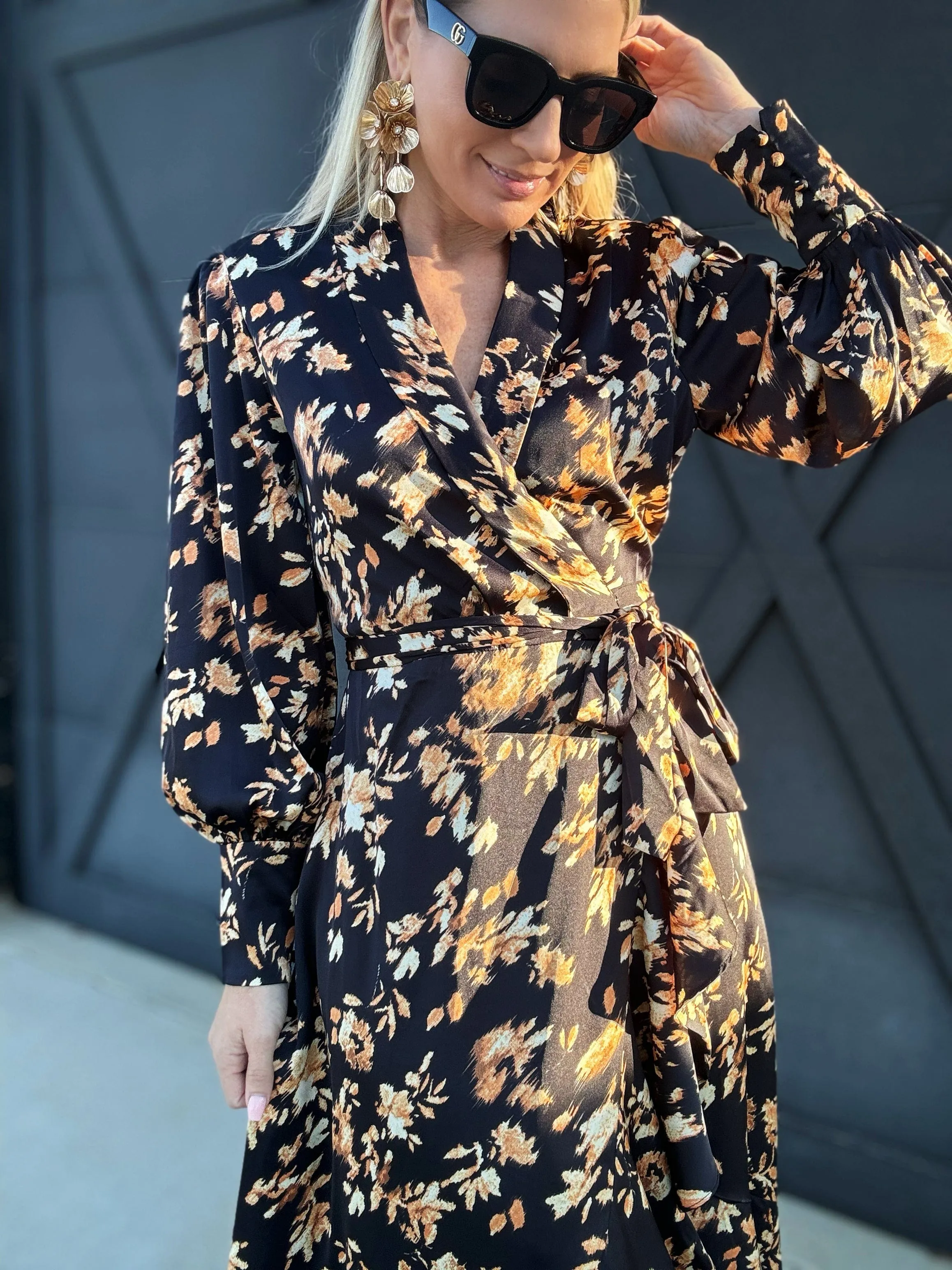 Ruffled Midi Wrap Dress In Midnight Glow