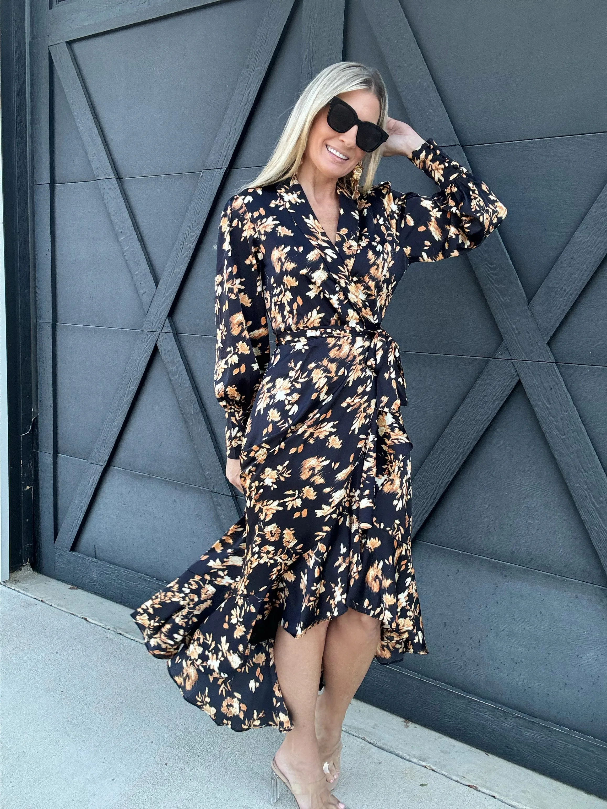 Ruffled Midi Wrap Dress In Midnight Glow