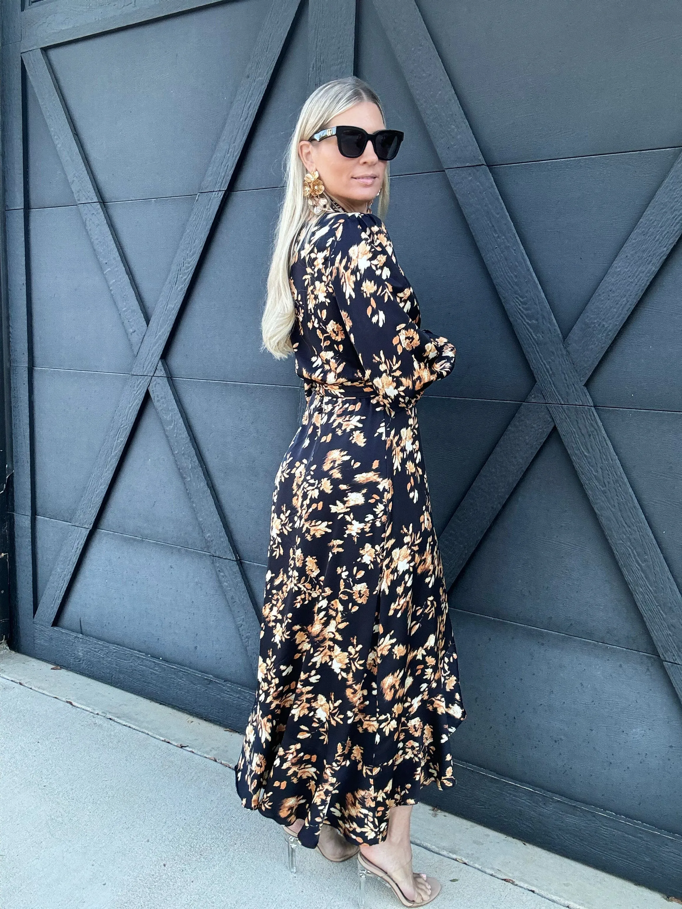 Ruffled Midi Wrap Dress In Midnight Glow