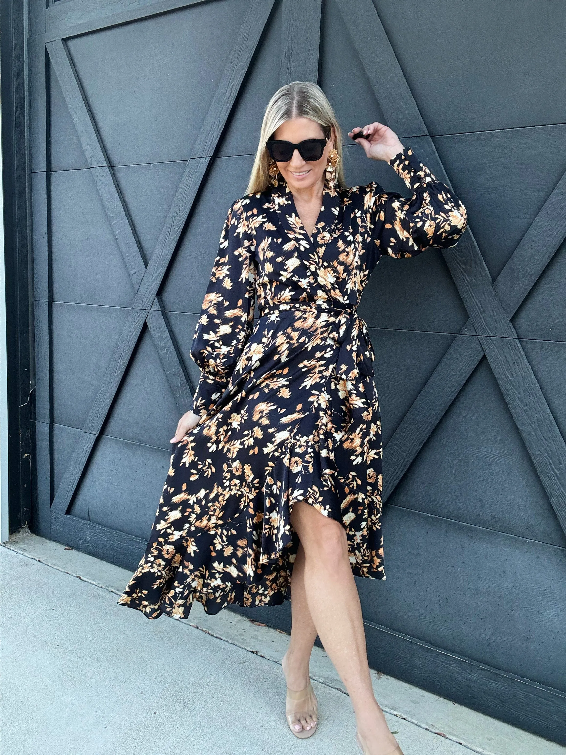 Ruffled Midi Wrap Dress In Midnight Glow