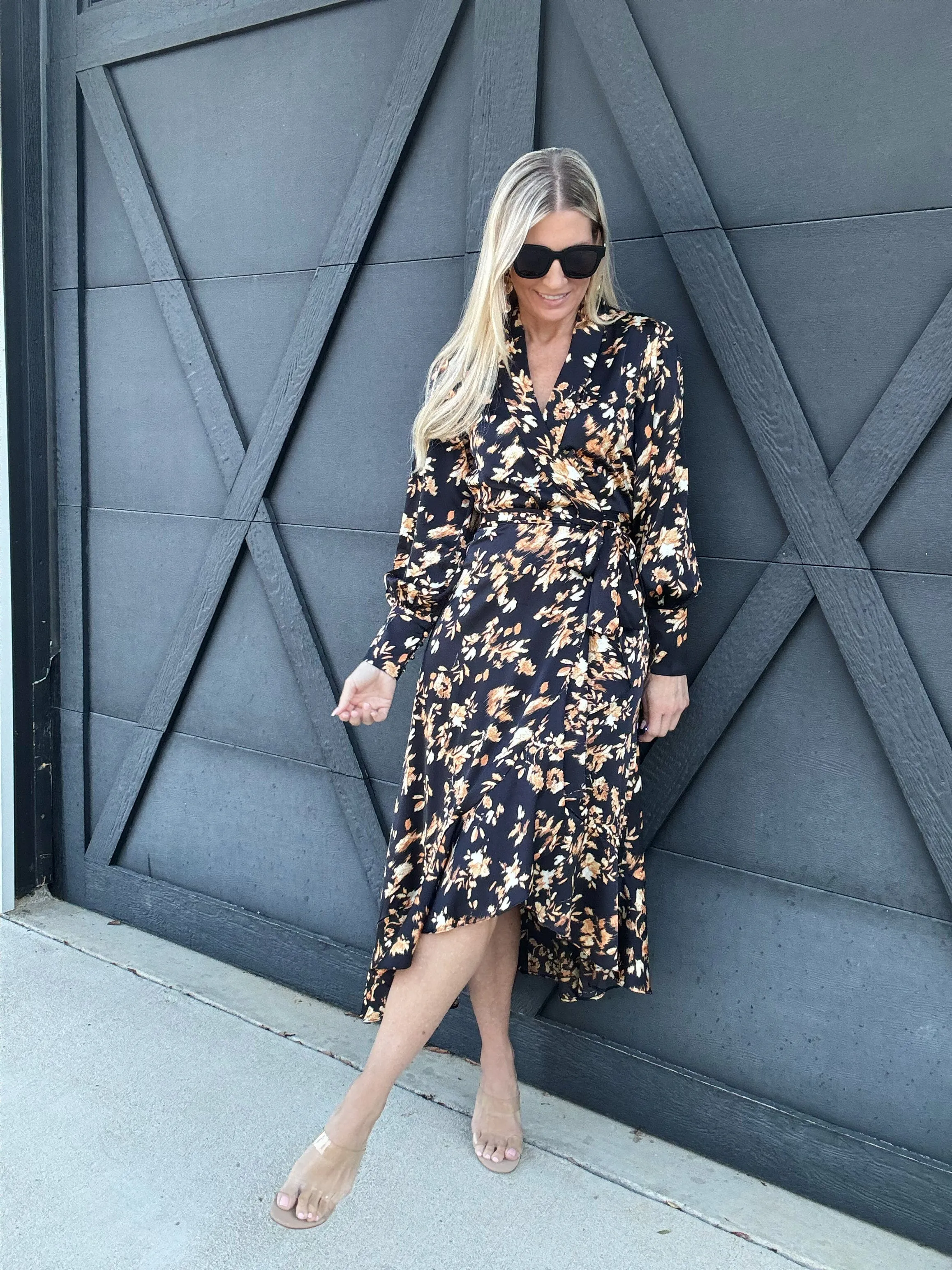 Ruffled Midi Wrap Dress In Midnight Glow