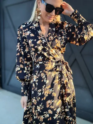 Ruffled Midi Wrap Dress In Midnight Glow