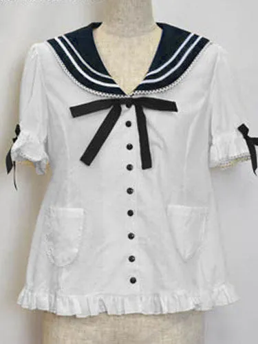 Sailor Lolita Outfits Deep Blue Short Sleeve Shirt With Pleated Jumper Skirt