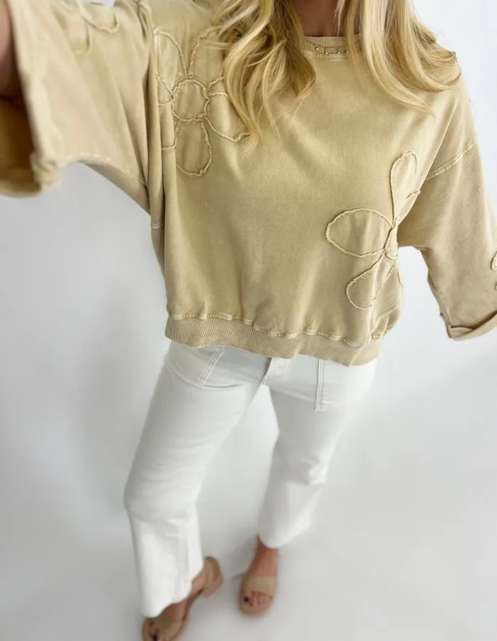 Sand Long Sleeve Flower Patch Top
