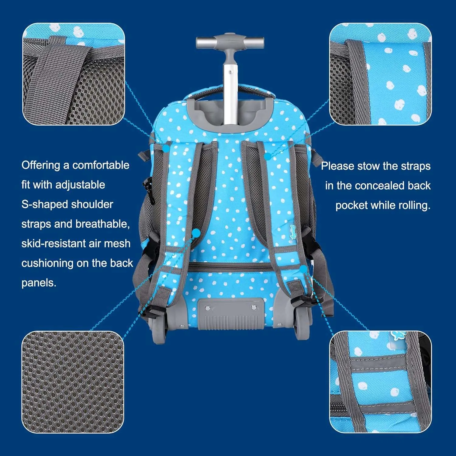 Seastig Swan Blue 18 inch Single Handle Rolling Backpack for Kids with Lunch Bag and Pencil Case Set