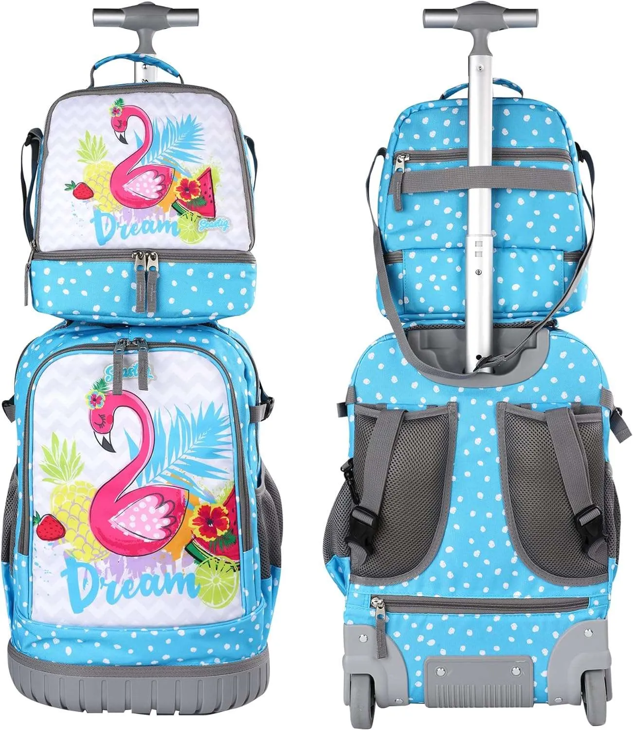 Seastig Swan Blue 18 inch Single Handle Rolling Backpack for Kids with Lunch Bag and Pencil Case Set