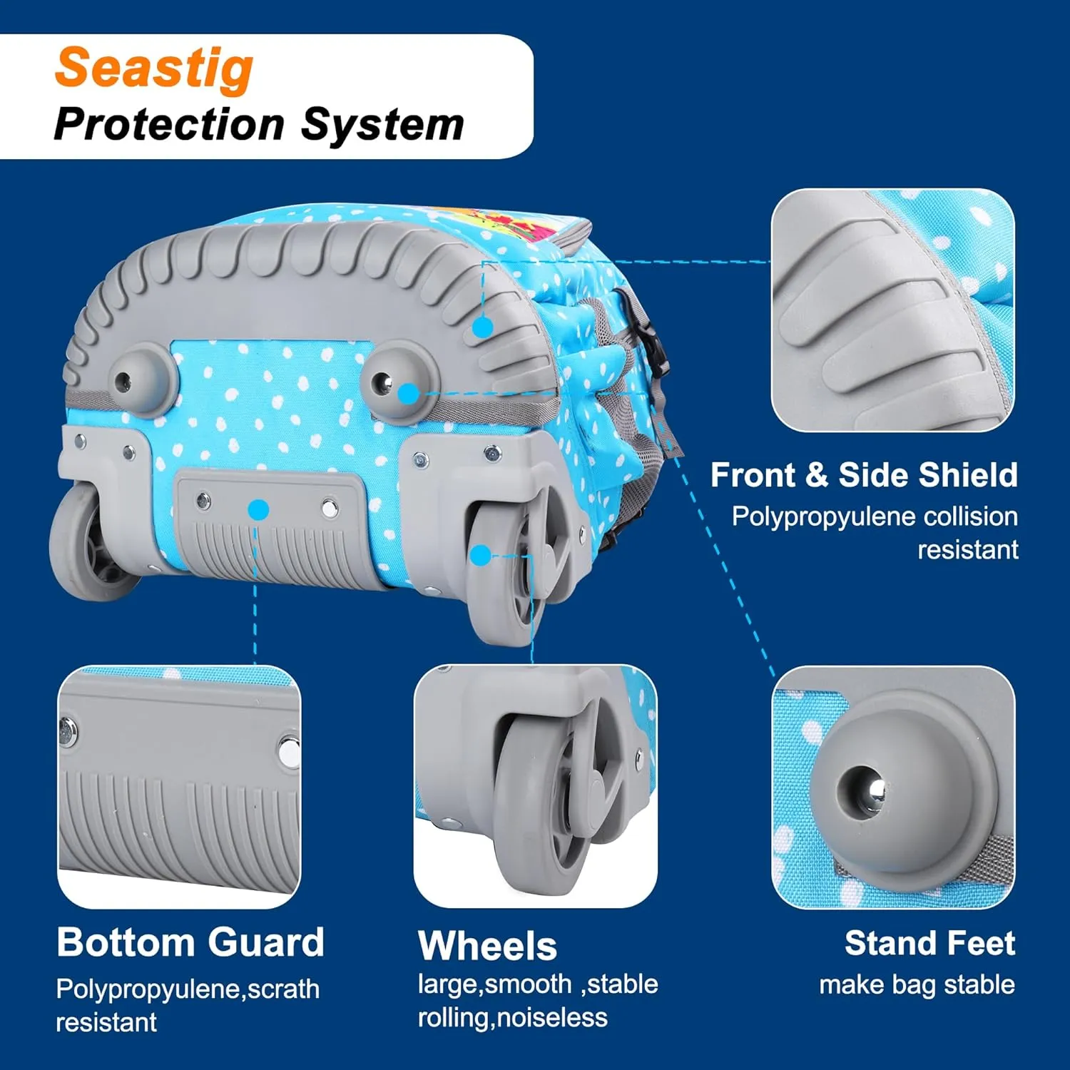Seastig Swan Blue 18 inch Single Handle Rolling Backpack for Kids with Lunch Bag and Pencil Case Set