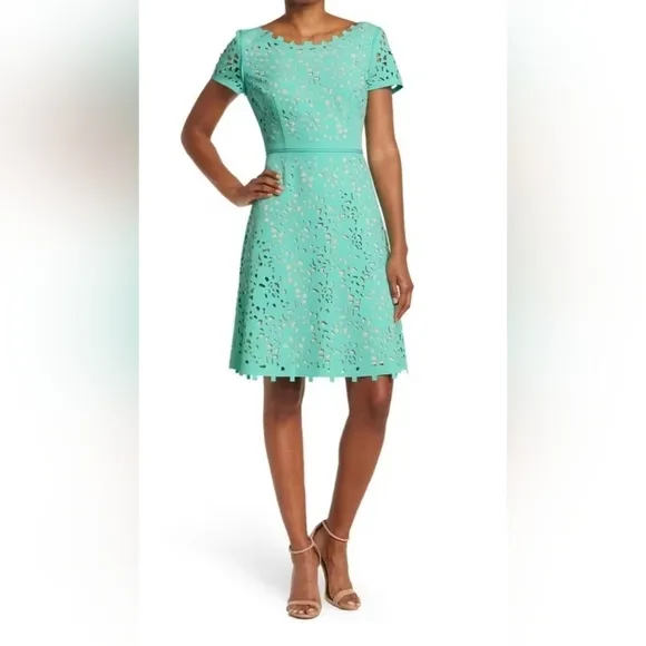 Shani Focus By Shani Laser Cut Fit &amp; Flare Dress Seafoam/Nude Size 2 (4-6)