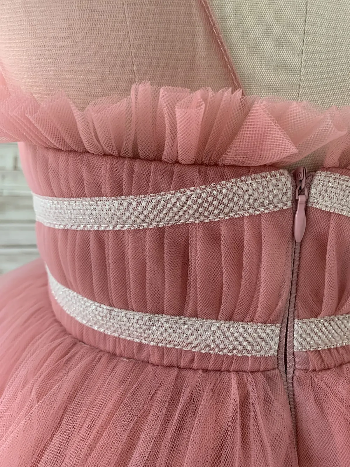 Sheer Neck Pleated Mauve Tulle V Back Horsehair Wedding Flower Girl Dress, Bowknot